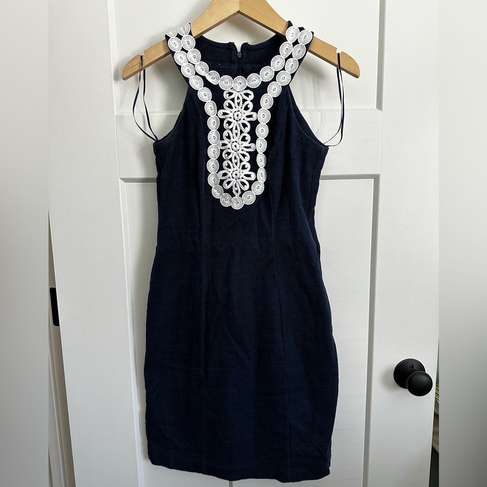 Just...Taylor Navy Sleeveless Dress with White Lace Detail